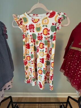 Girls Apple Print Flutter Sleeve Dress - Red, Green, Yellow on White